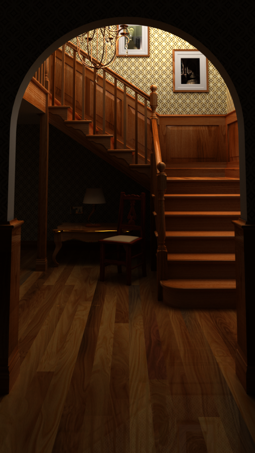 A raytraced image of a staircase with textures, area lighting